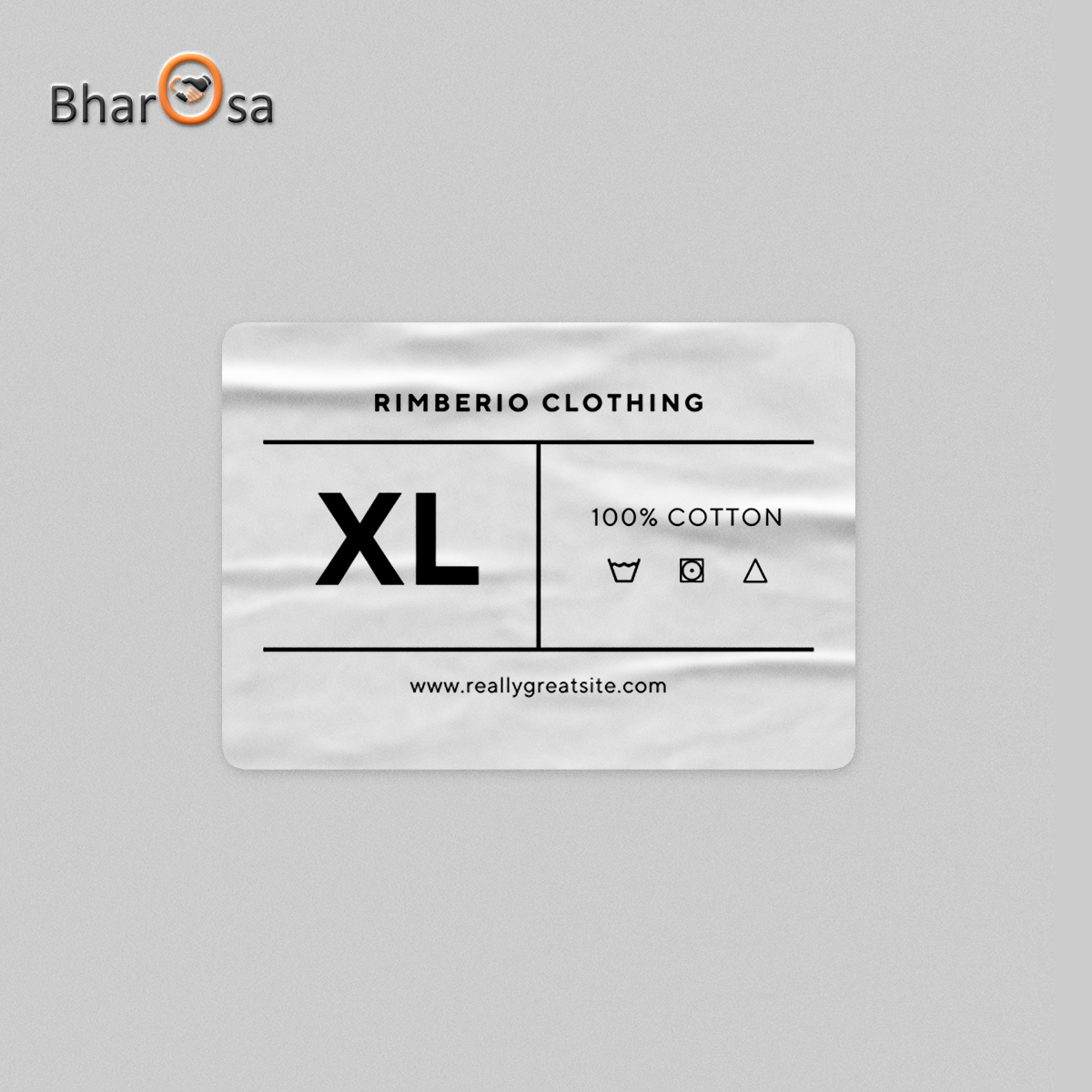 Clothing label with 'Rimberio Clothing' and size 'XL' on a gray background