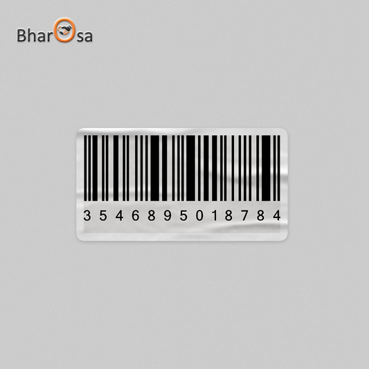 Barcode label with numbers on a gray background, featuring the brand 'Bharosa'.