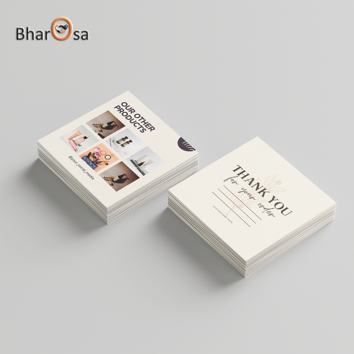Two stacks of cards with 'Bharosa' branding on a light gray background