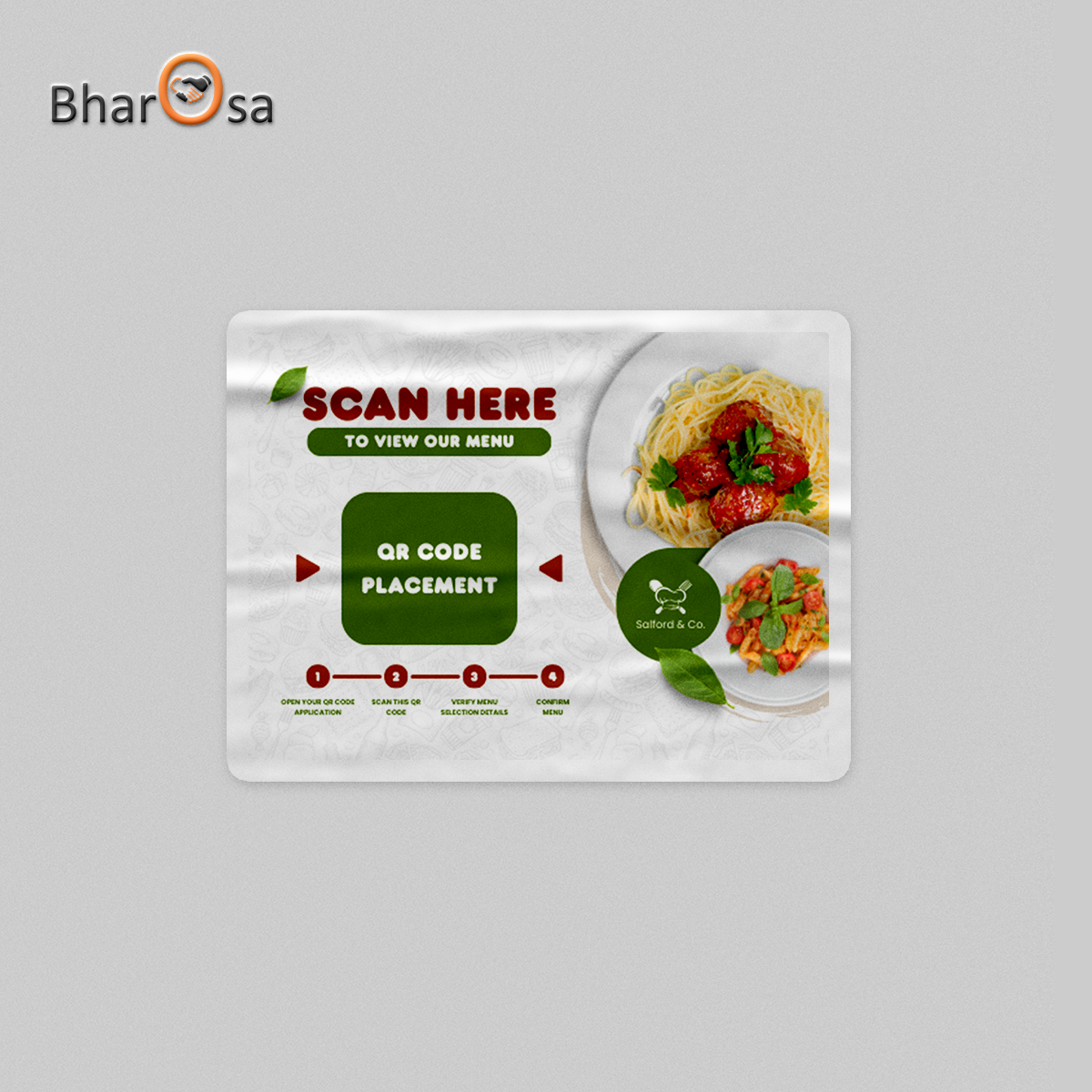 QR code placement guide for a restaurant menu with Bharosa branding on a gray background