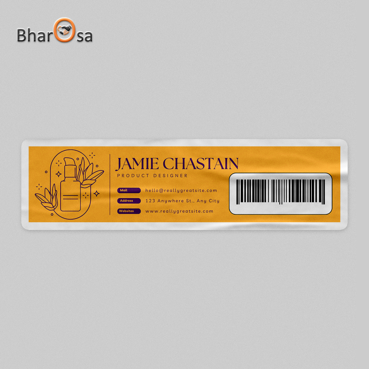 Product label with 'Jamie Chastain' as a product designer on a gray background