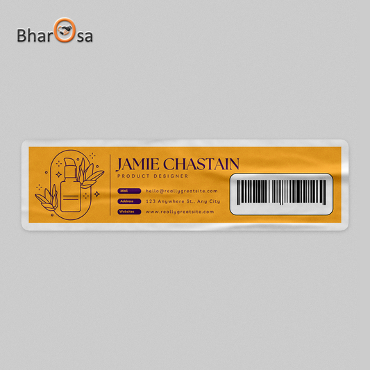 Product label with 'Jamie Chastain' as a product designer on a gray background
