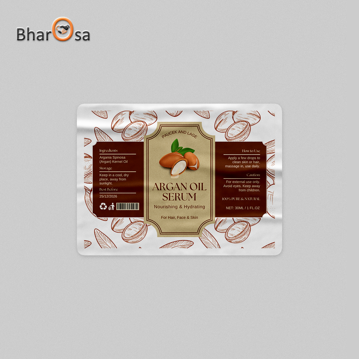 Packaging of Argan Oil Serum with Bharosa branding on a gray background