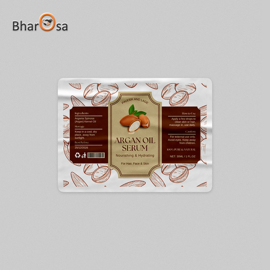 Packaging of Argan Oil Serum with Bharosa branding on a gray background