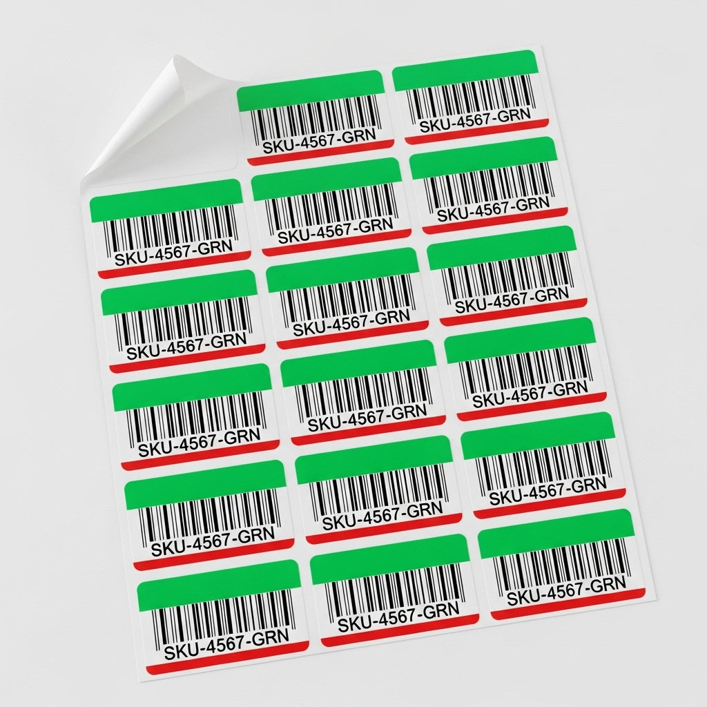 Sheet of barcode labels with green and red borders on a white background