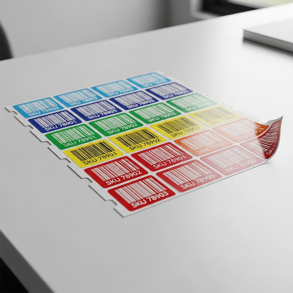 Sheet of barcode labels in various colors on a white surface