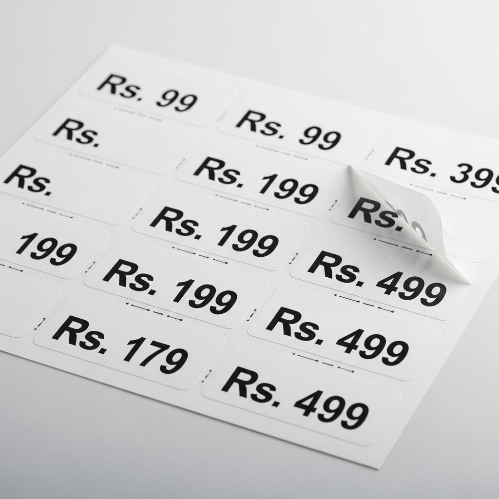 Set of price stickers with various rupee values on a white background