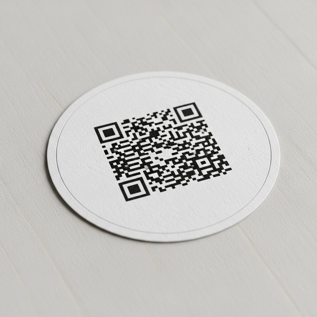 Round white card with a QR code on a light gray background