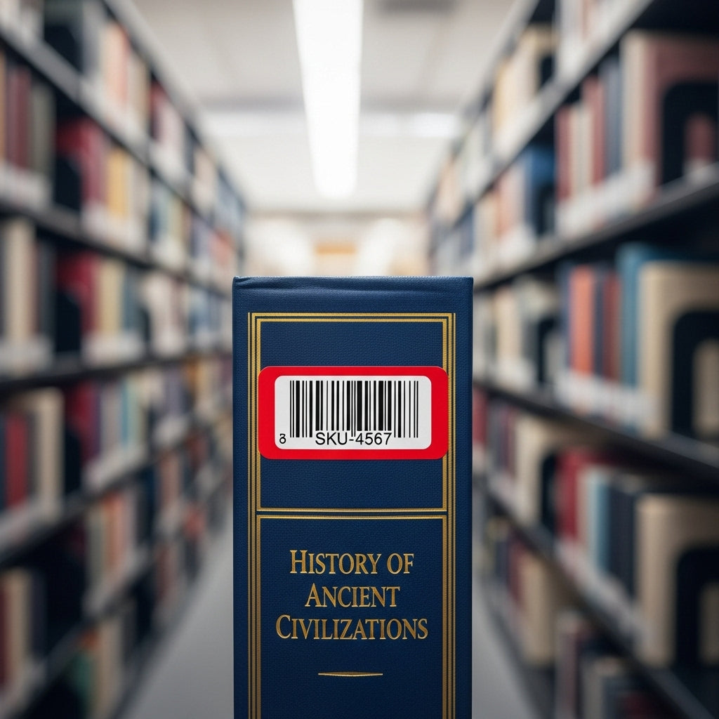 Book titled 'History of Ancient Civilizations' with a barcode in a library setting
