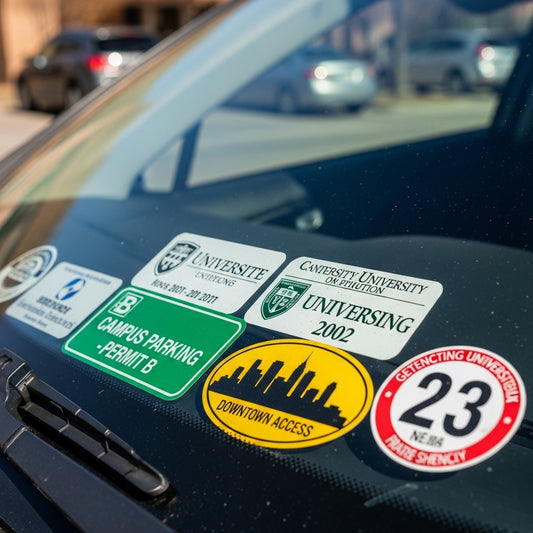 Collection of university stickers on a car window with a blurred street background