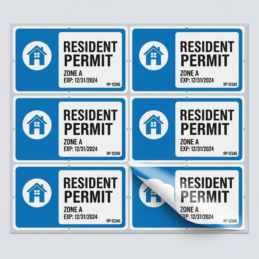 Multiple resident permit signs with a blue border and white text on a gray background.