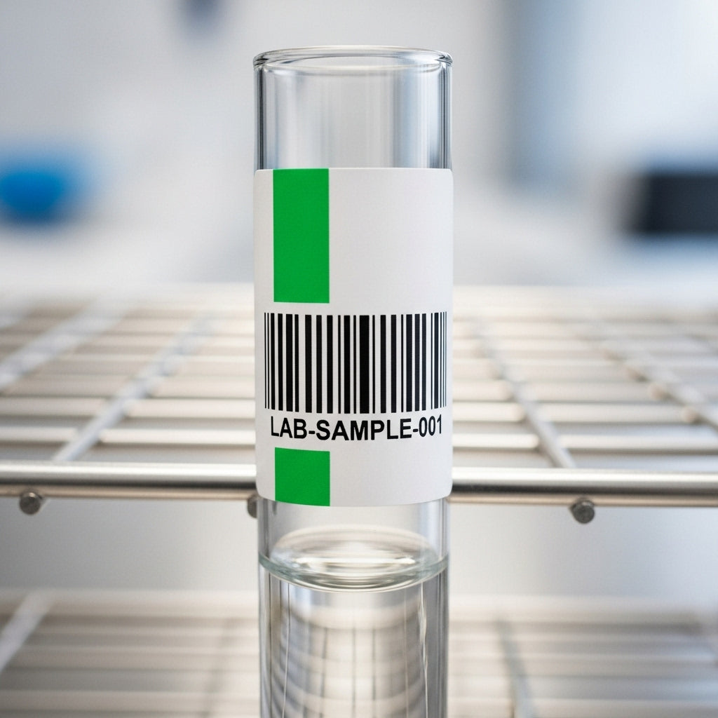 Clear glass vial with a label reading 'LAB-SAMPLE-001' on a metallic surface.