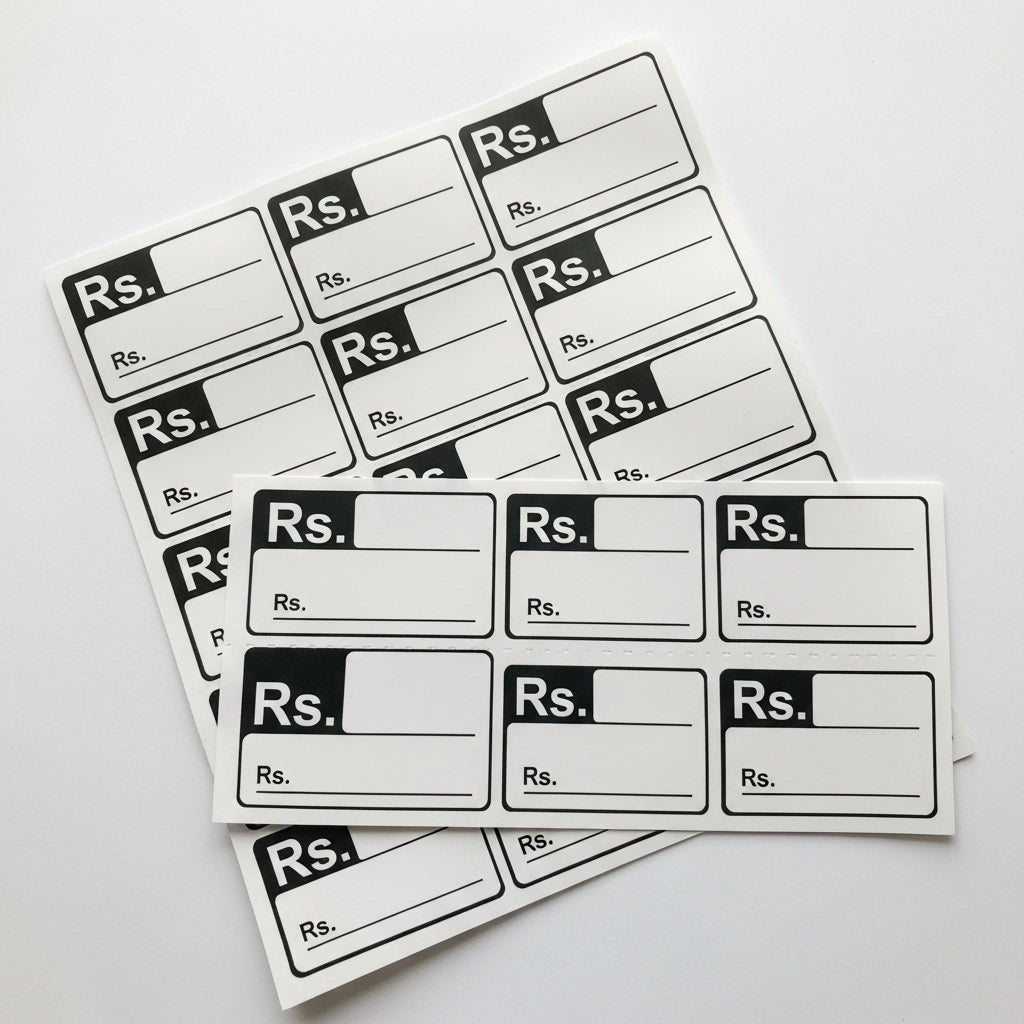 Multiple labels with 'Rs.' printed on them arranged on a white surface.