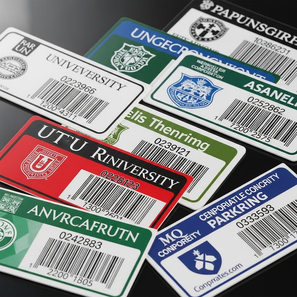 Collection of various university and organization license plates with barcodes on a dark surface.