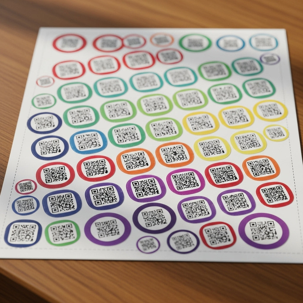 Sheet of colorful QR code stickers on a wooden surface