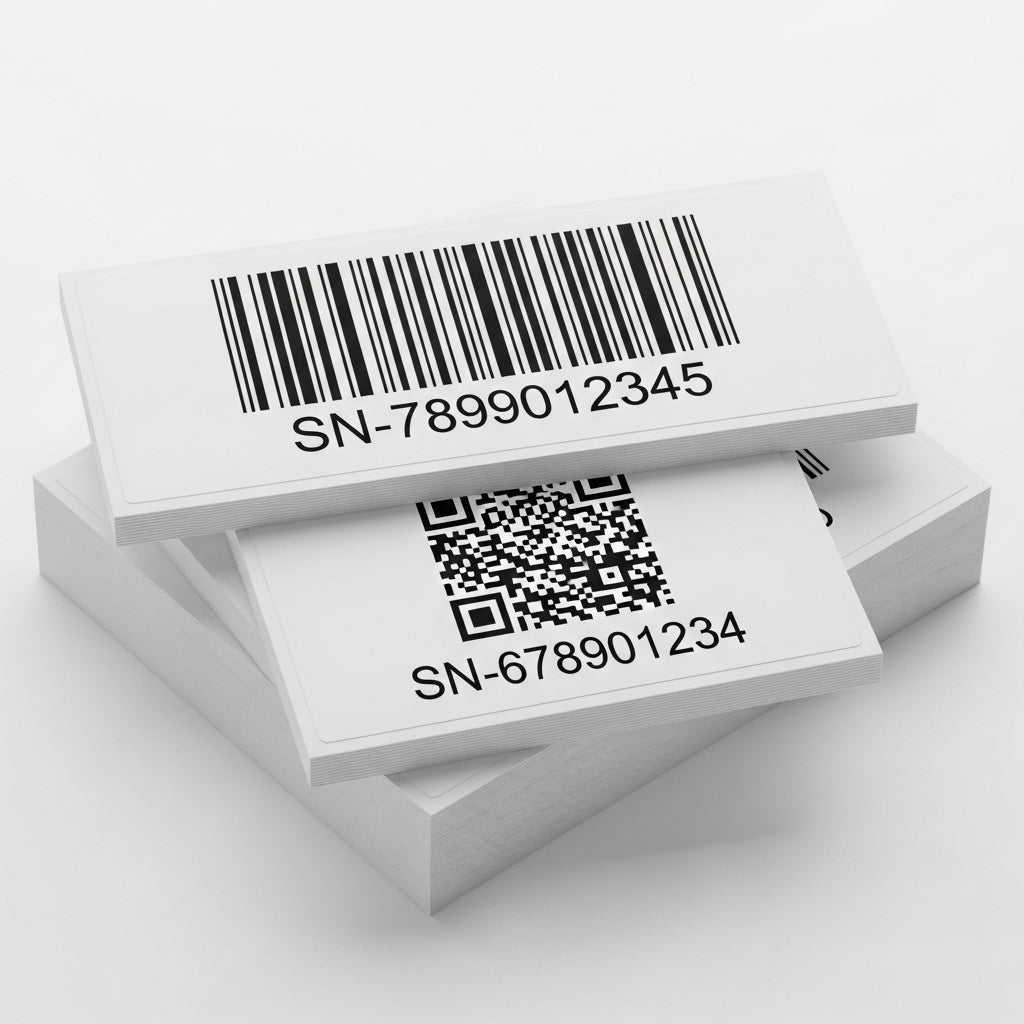 Two labels with barcodes and serial numbers on a white background
