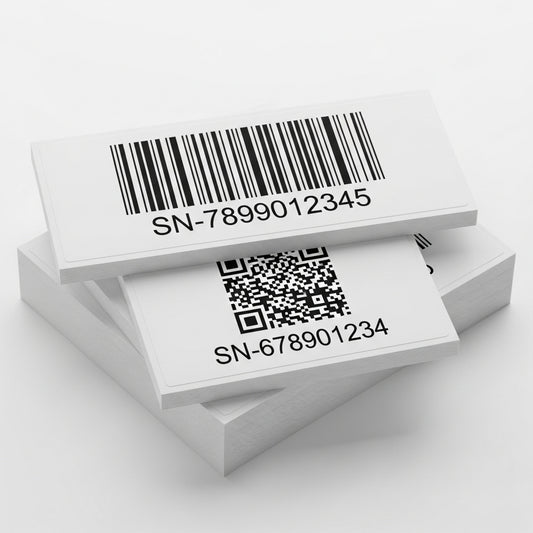 Two labels with barcodes and serial numbers on a white background