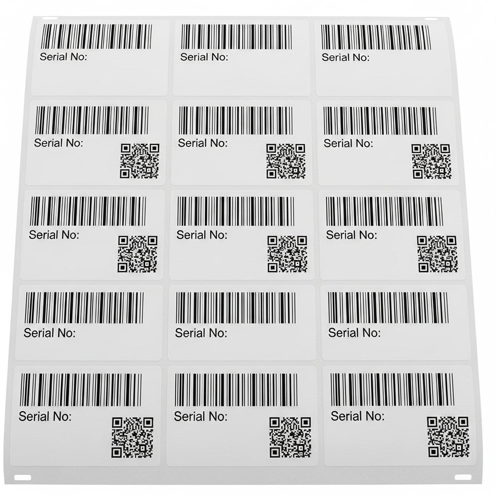 Sheet of labels with barcodes and QR codes on a white background