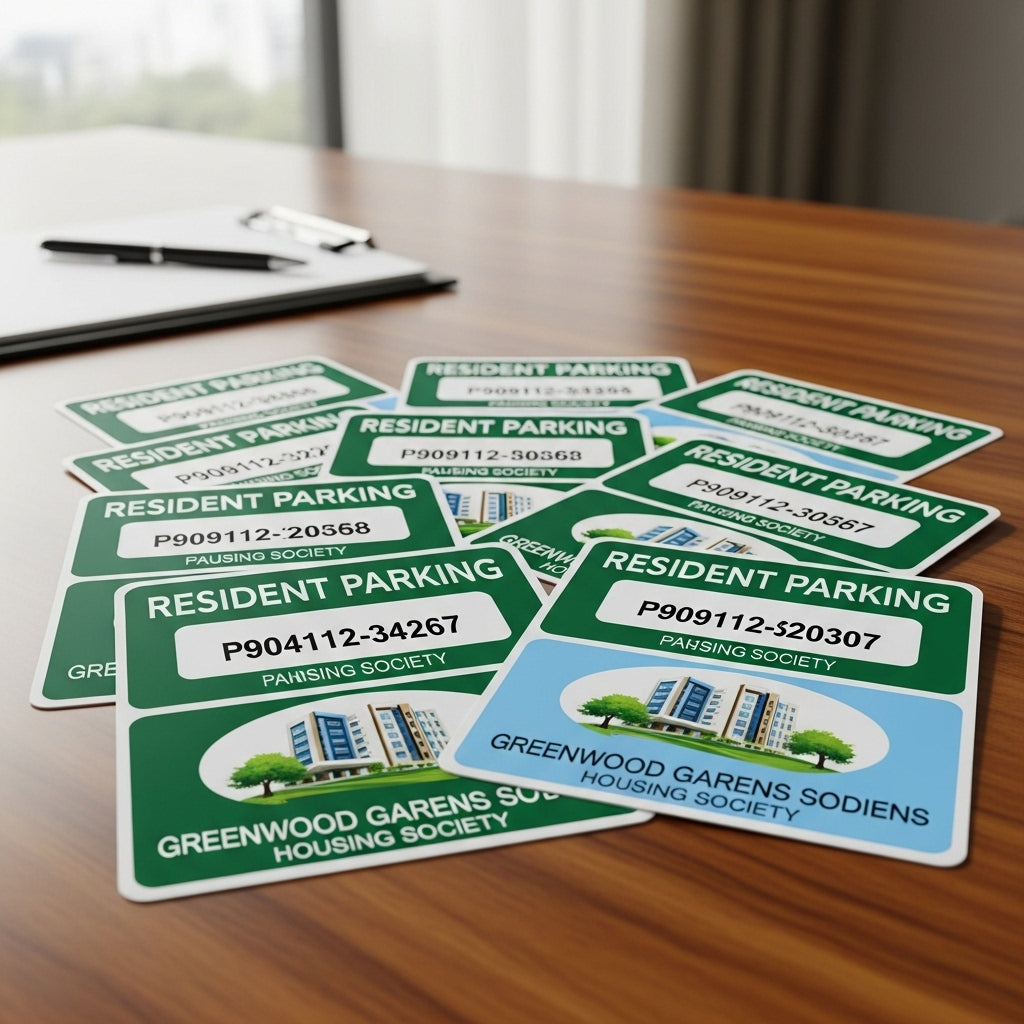 Resident parking passes from Greenwood Garens Sodieni on a wooden table.