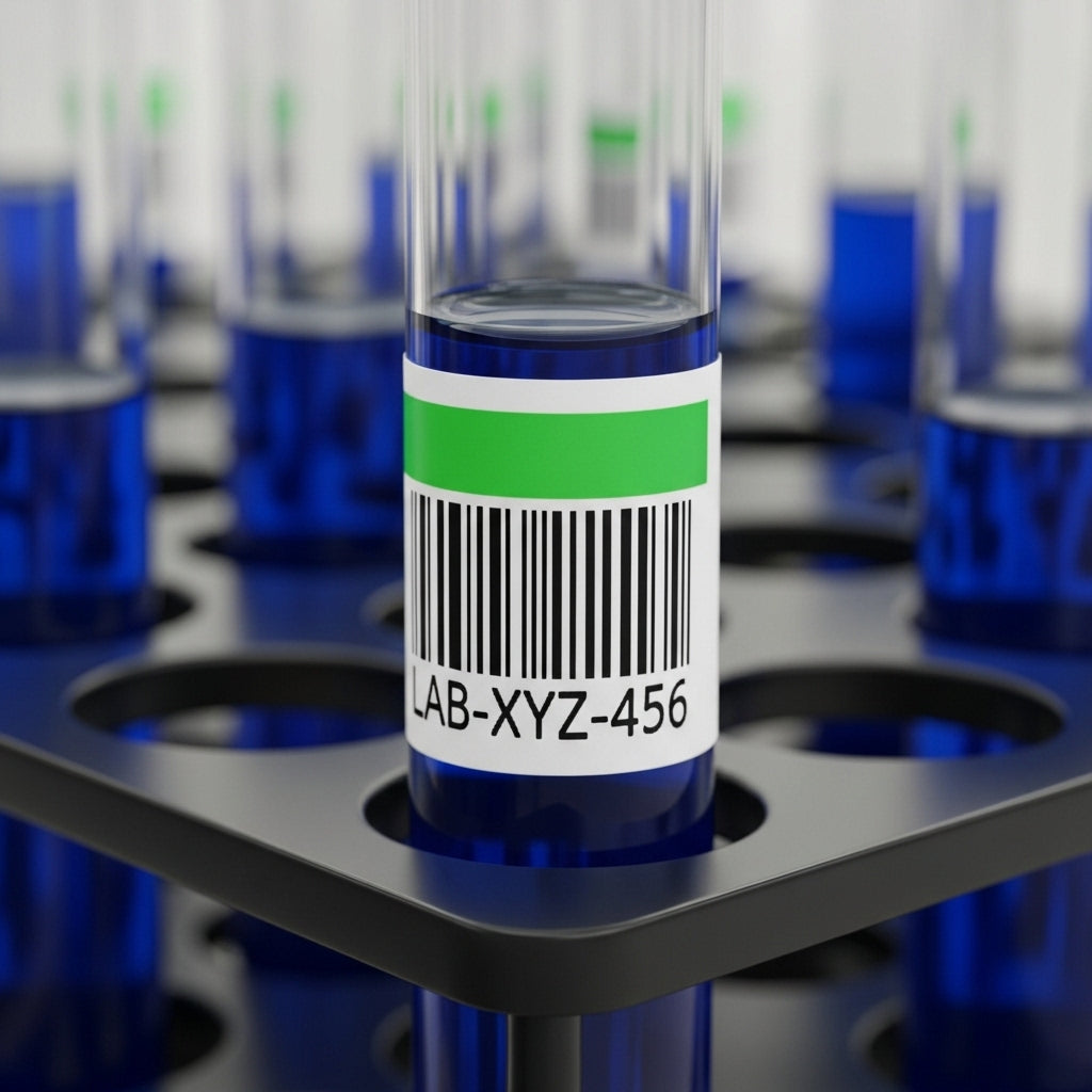 Test tube with a barcode label on a rack