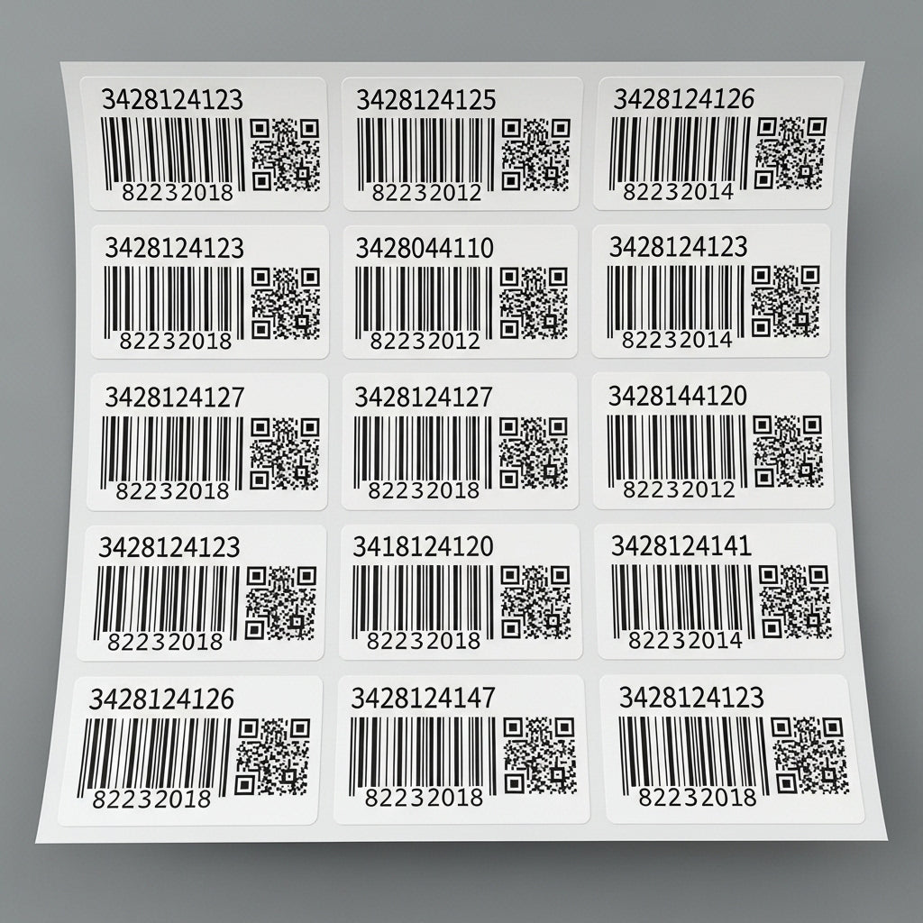 Multiple barcode and QR code labels on a gray background