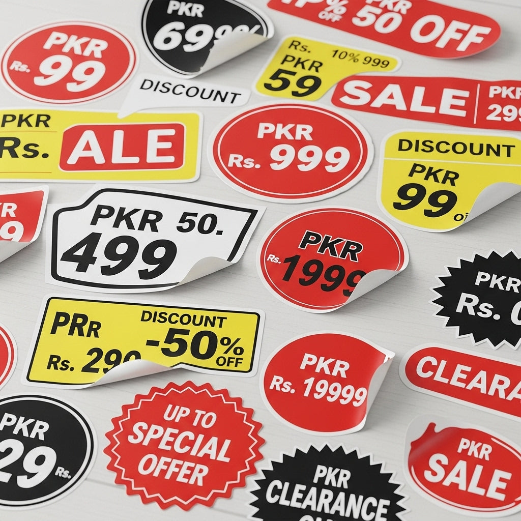 Collection of promotional stickers with various discounts and sale text on a white background