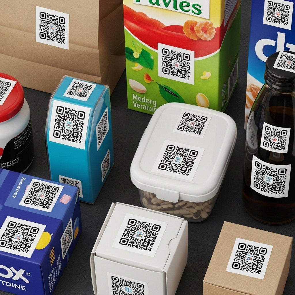 Various products with QR codes on a dark surface