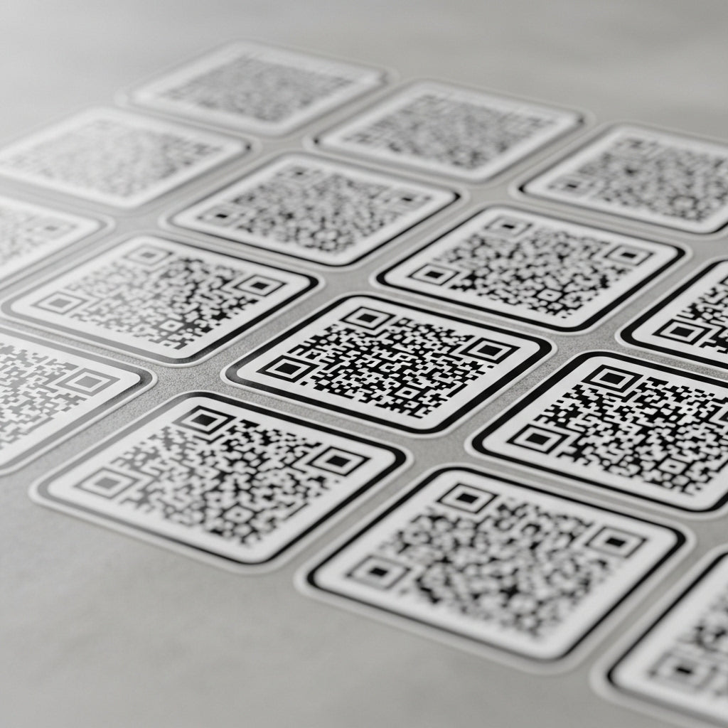 Multiple QR code labels arranged on a flat surface