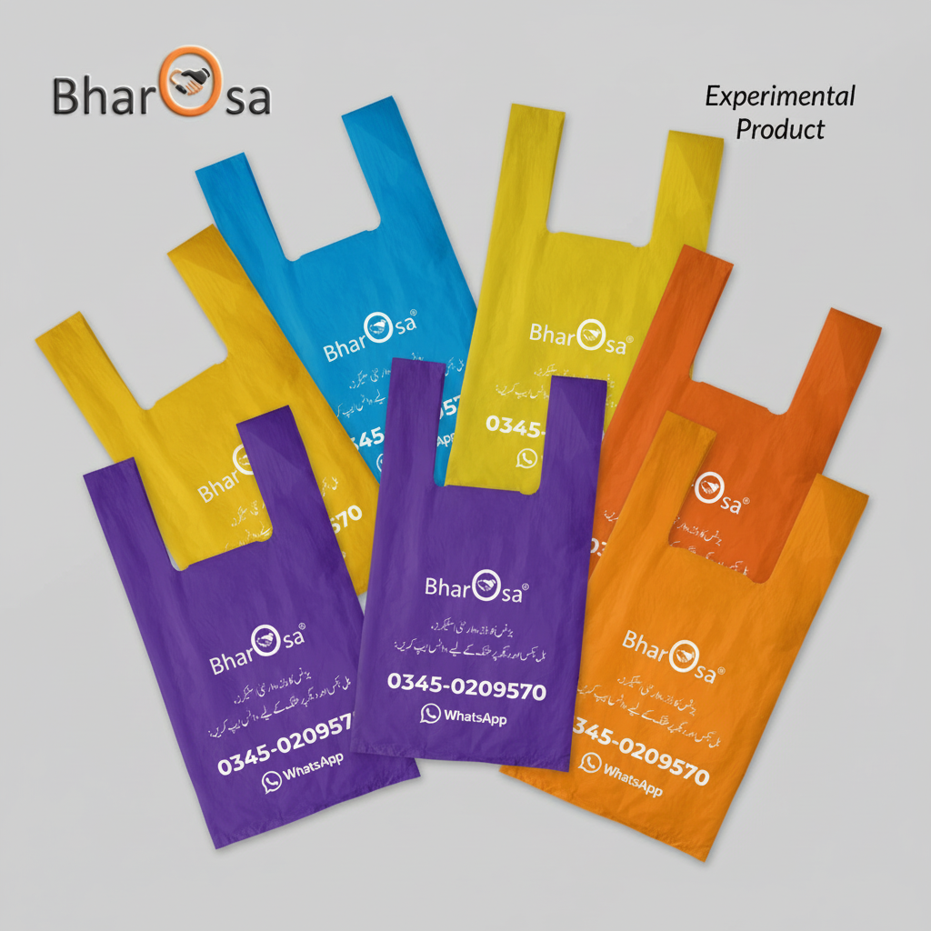 Colorful reusable shopping bags with 'Bharosa' branding on a gray background