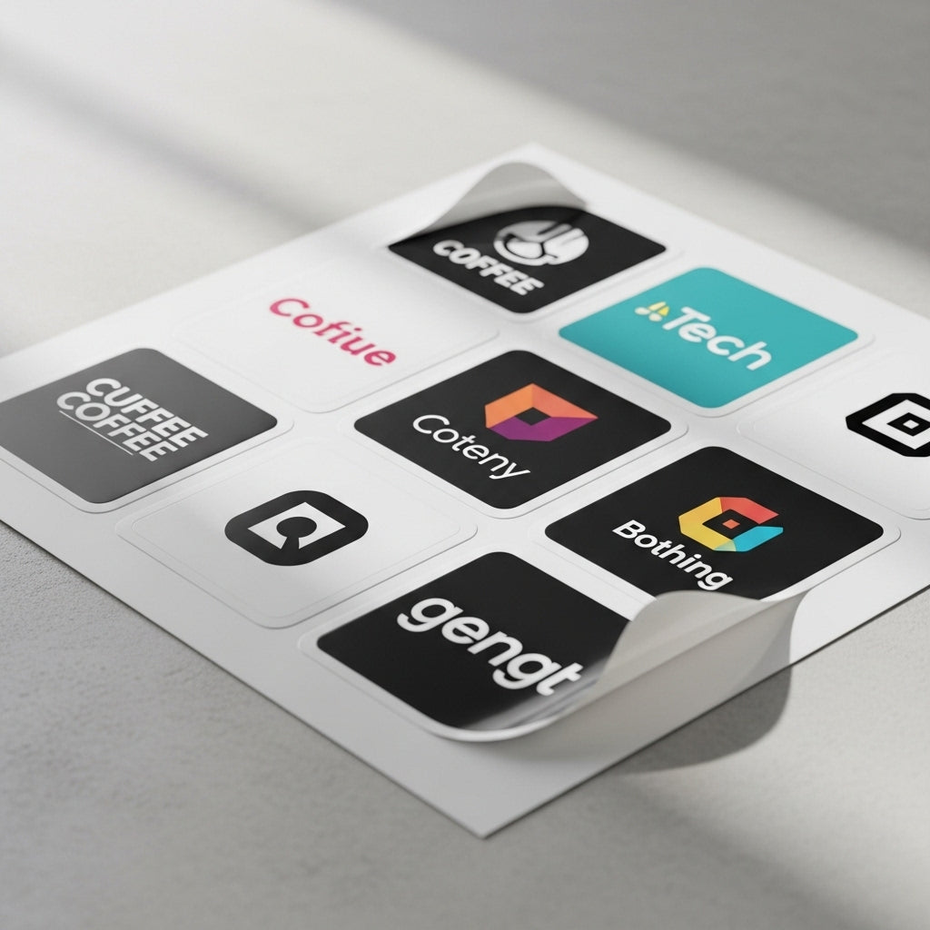 Set of branded stickers on a white surface