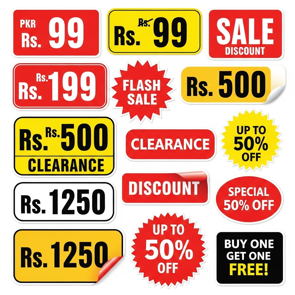 Collection of various sale and discount stickers with different text and prices.