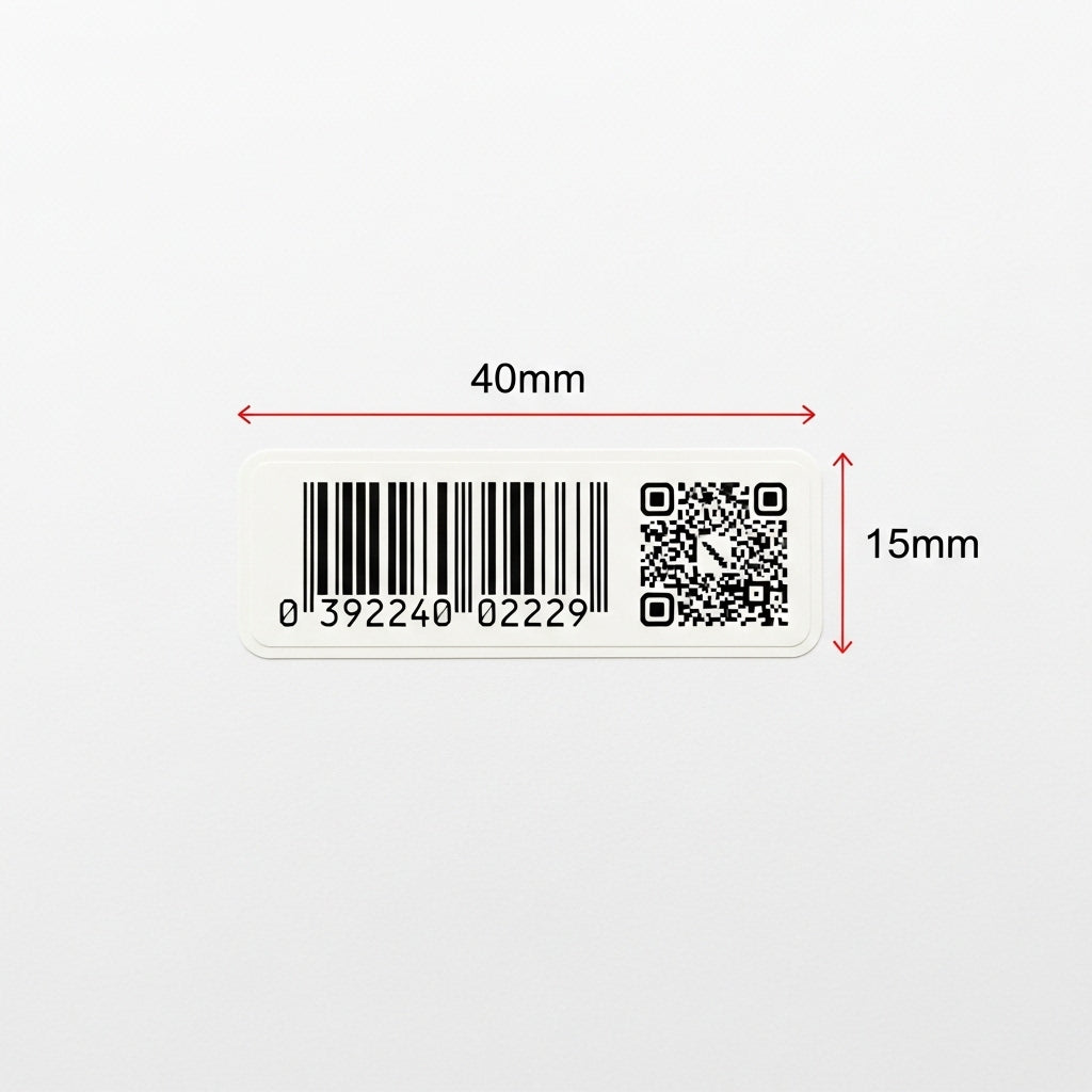 Barcode and QR code label with dimensions on a white background