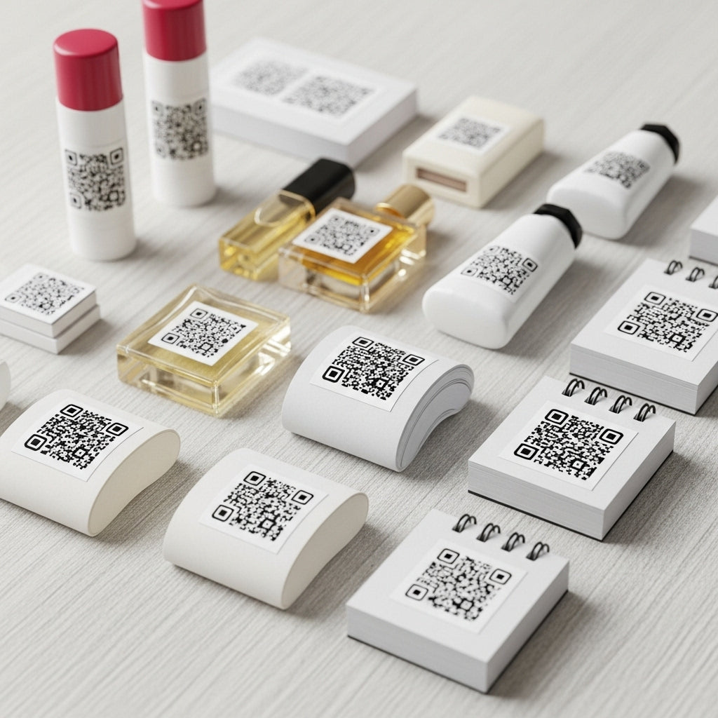 Assorted beauty products with QR codes on their packaging on a light surface.