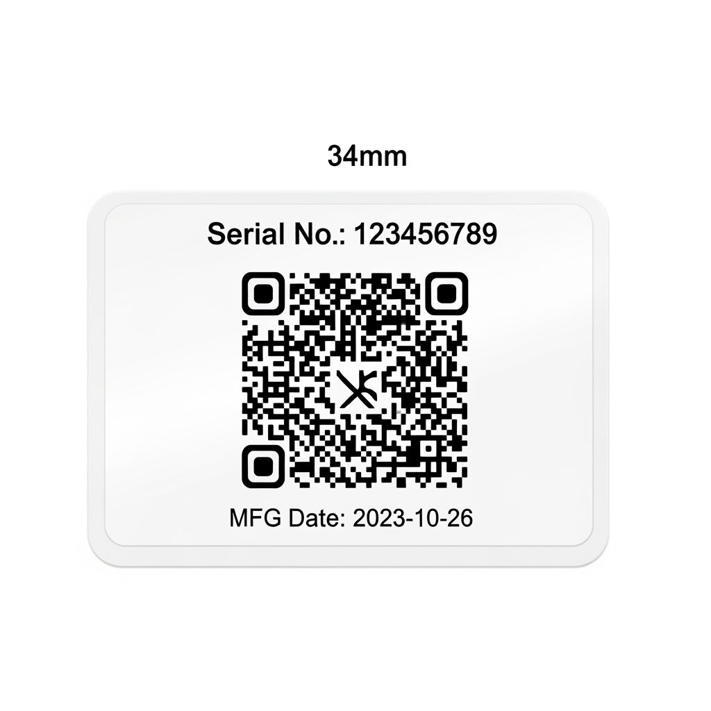 Product label with QR code, serial number, and manufacturing date on a white background
