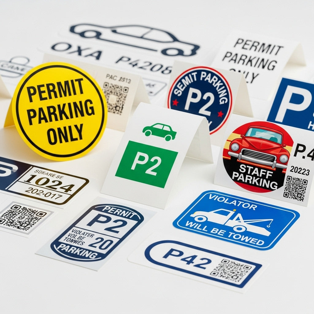 Collection of various parking permits and signs on a white background