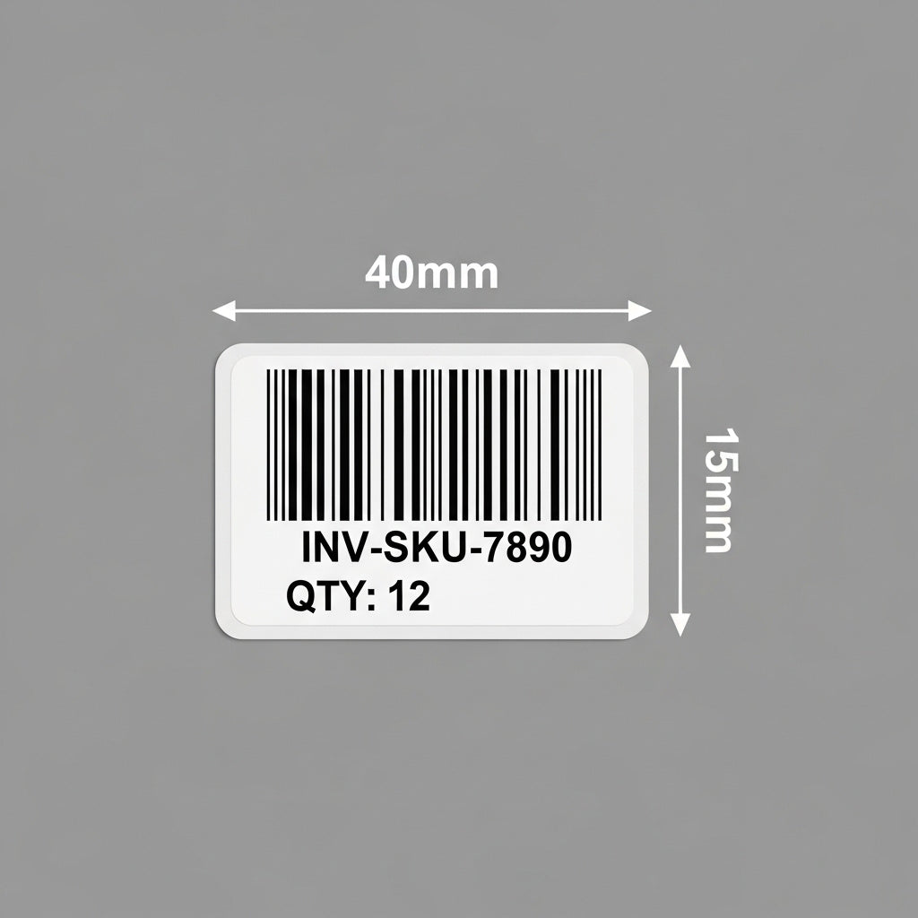 Barcode label with dimensions and inventory information on a gray background