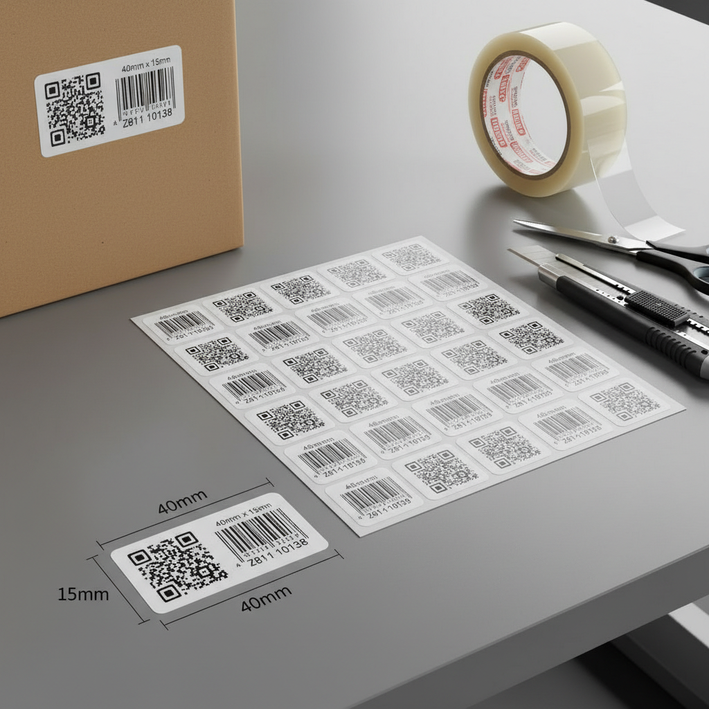 Sheet of QR code labels with a roll of tape and scissors on a gray surface.
