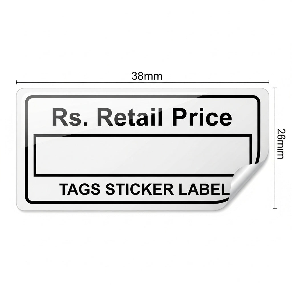 Rs. Retail Price tags sticker label with dimensions on a white background