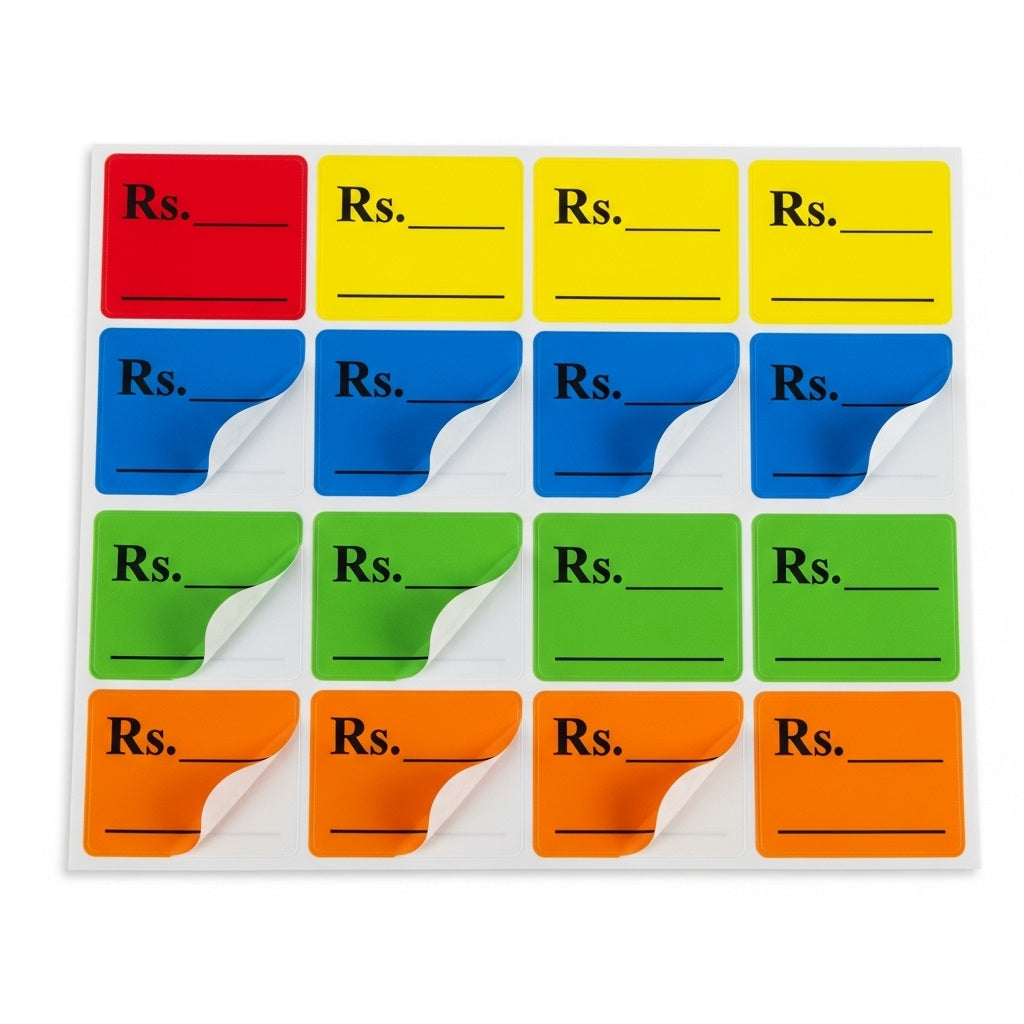 Set of colorful label sheets with 'Rs.' text on a white background