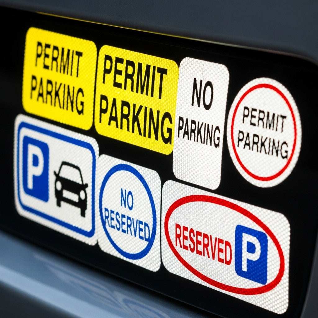 Collection of permit parking, no parking, and reserved stickers on a black background