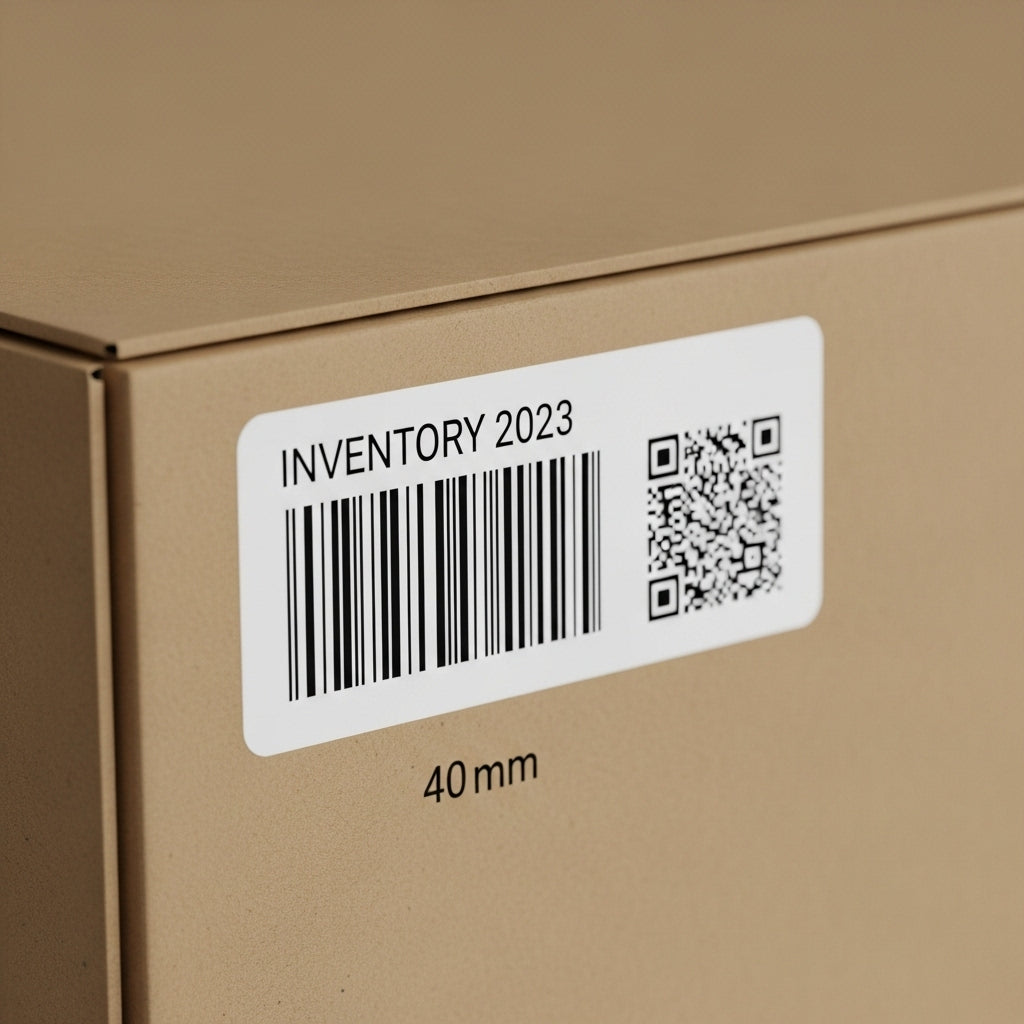Barcode and QR code label on a cardboard box with 'INVENTORY 2023' text.
