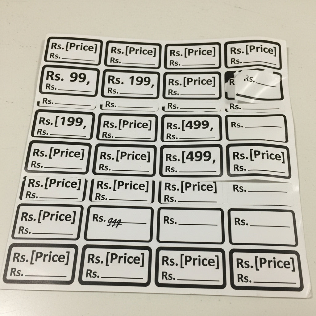 Sheet of price labels with 'Rs.' placeholder on a white background