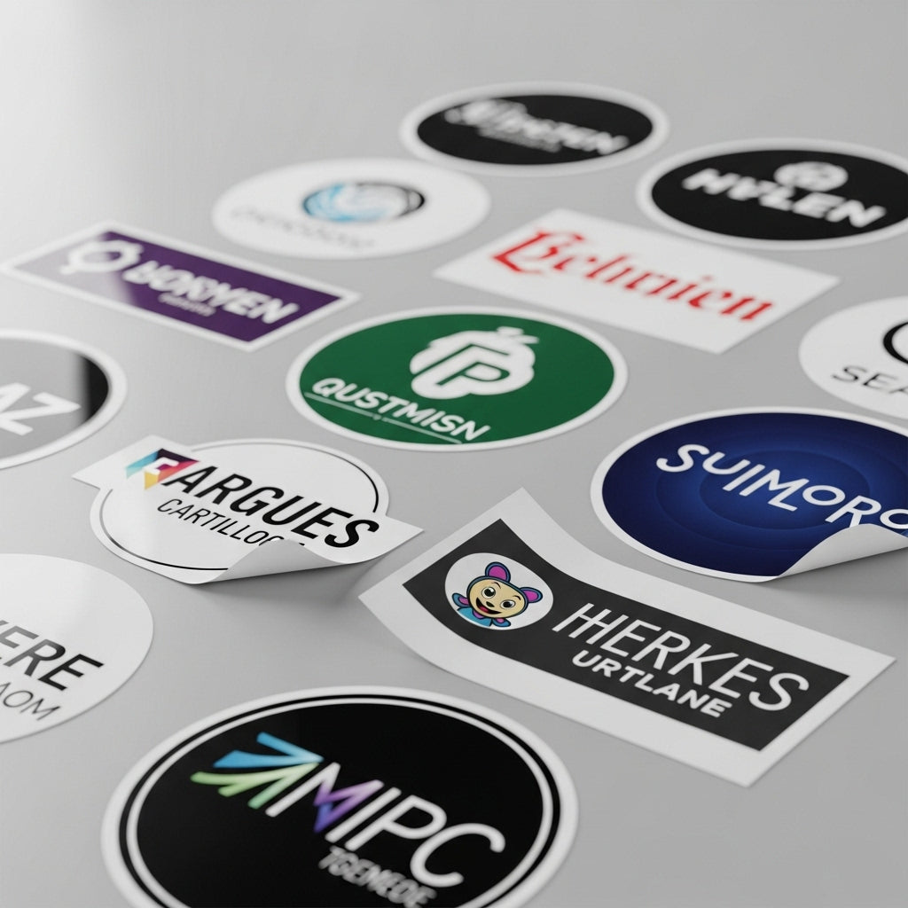 Collection of various brand stickers on a gray surface