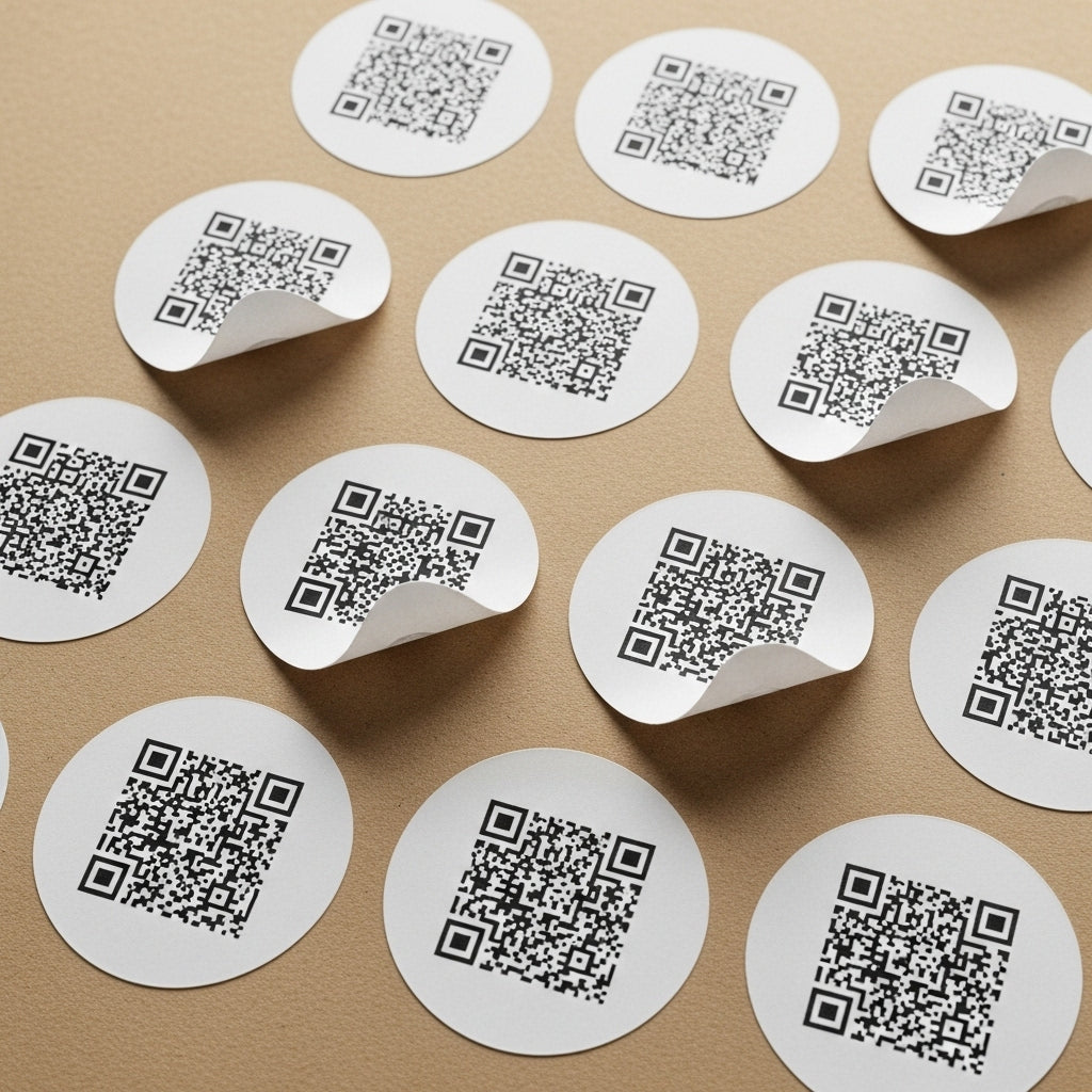 Multiple round stickers with QR codes on a brown background