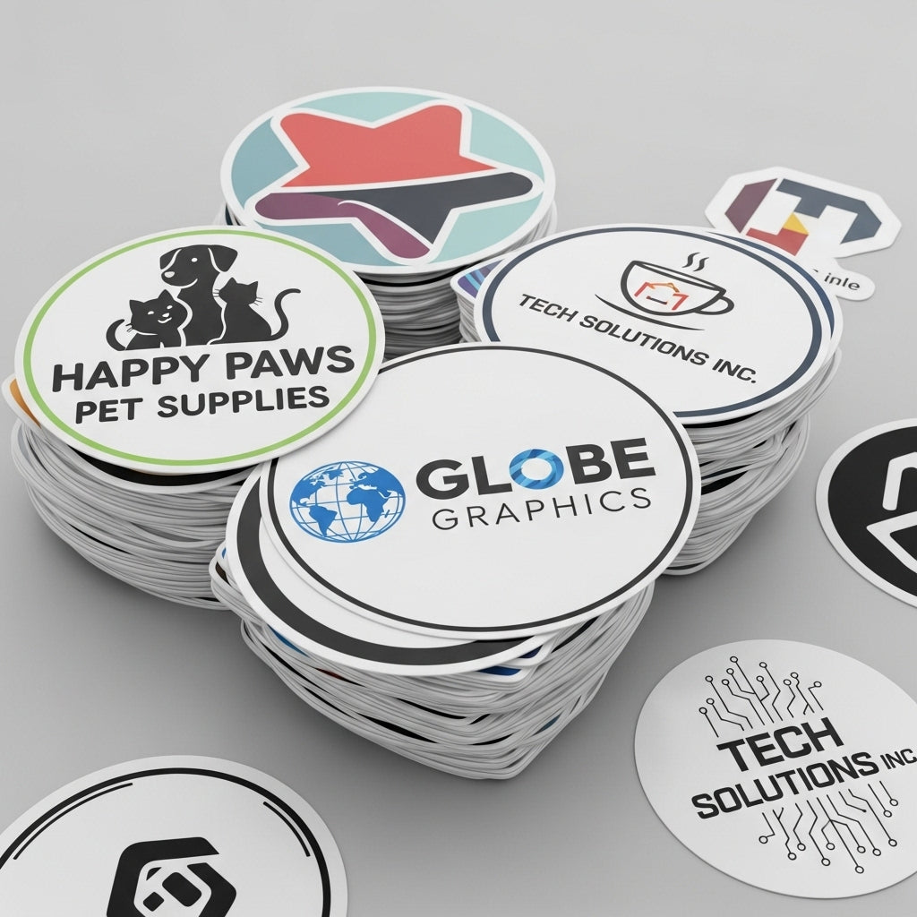 Stack of branded stickers with various company logos on a gray background