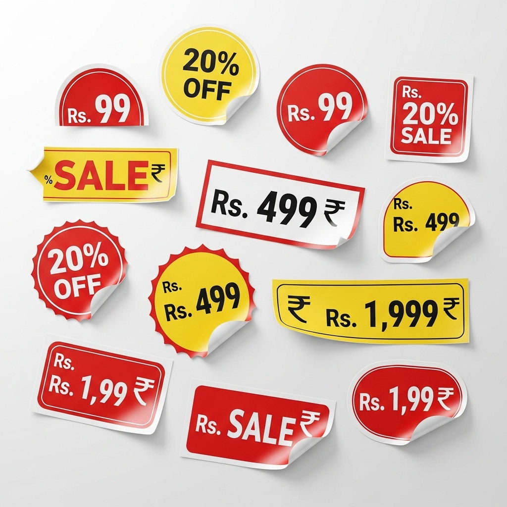 Collection of sale stickers with prices and discount text on a light gray background