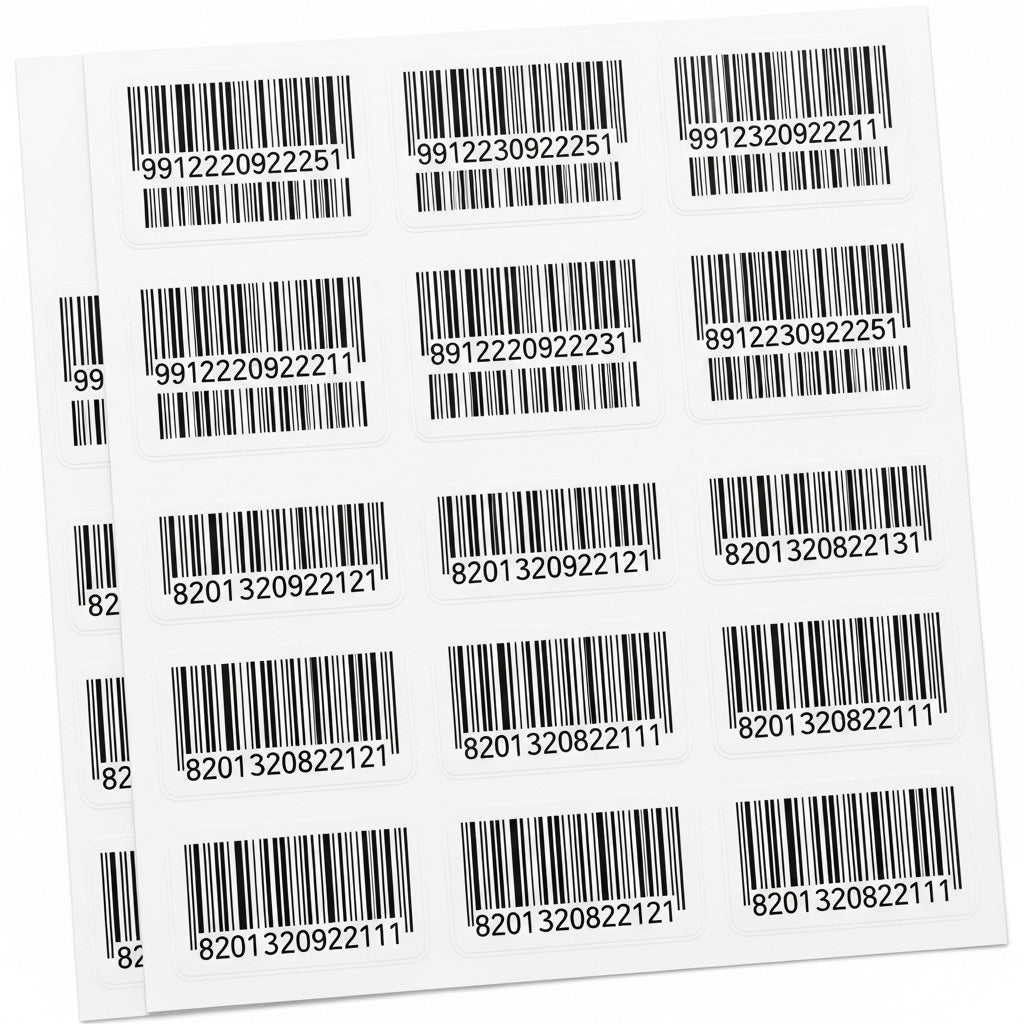 Sheet of barcode labels with various barcodes on a white background