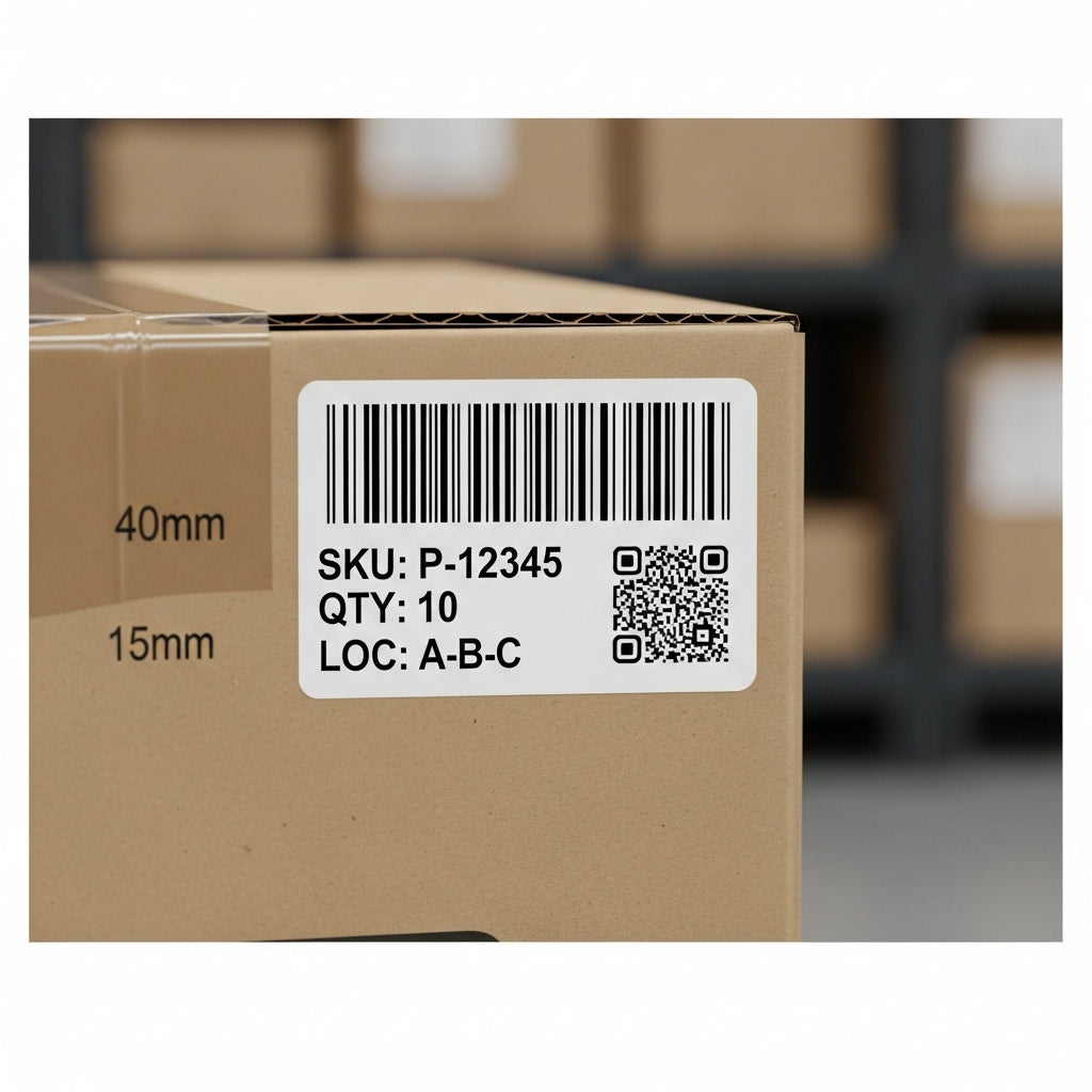 Cardboard box with a barcode label and product details.
