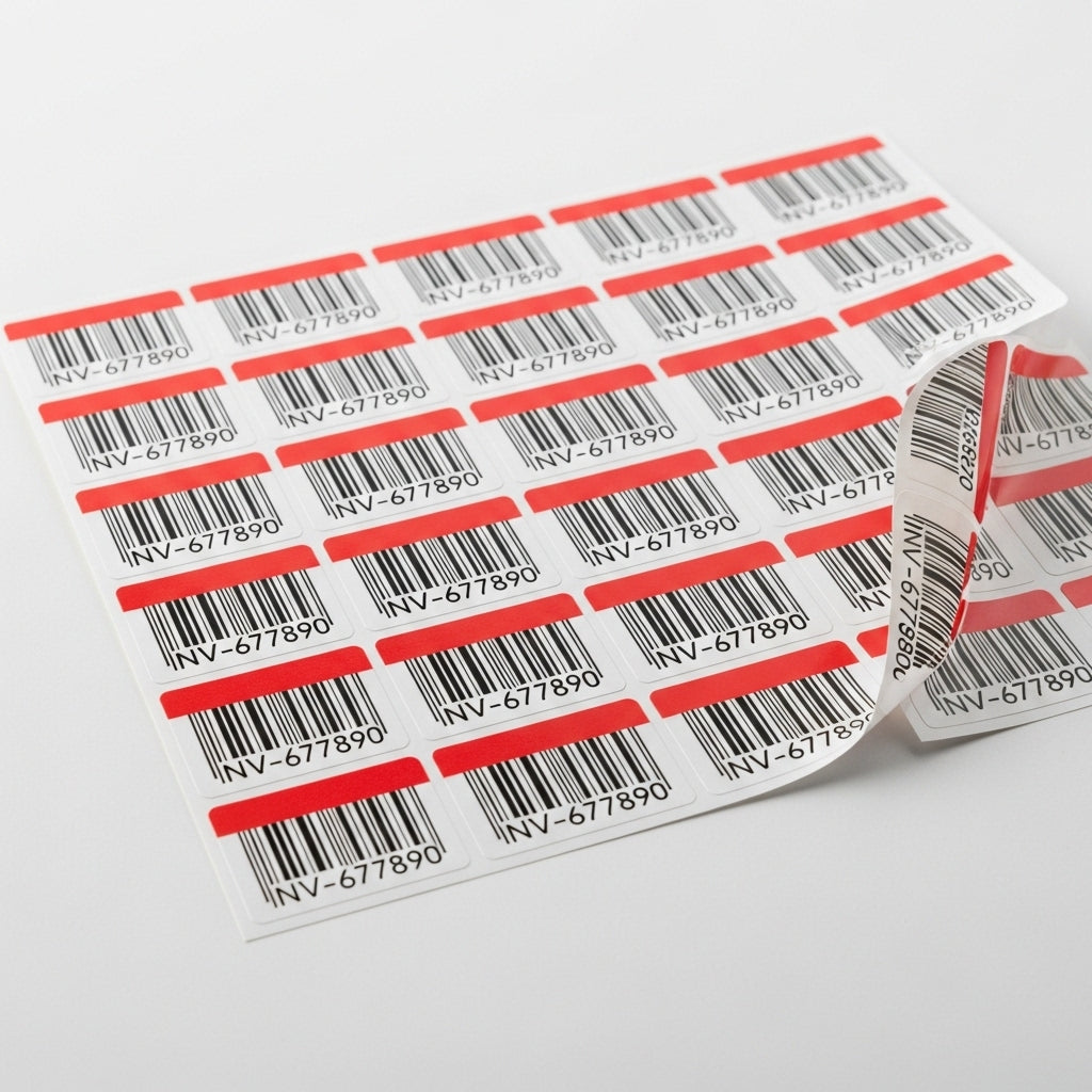 Roll of barcode labels with red borders on a white background