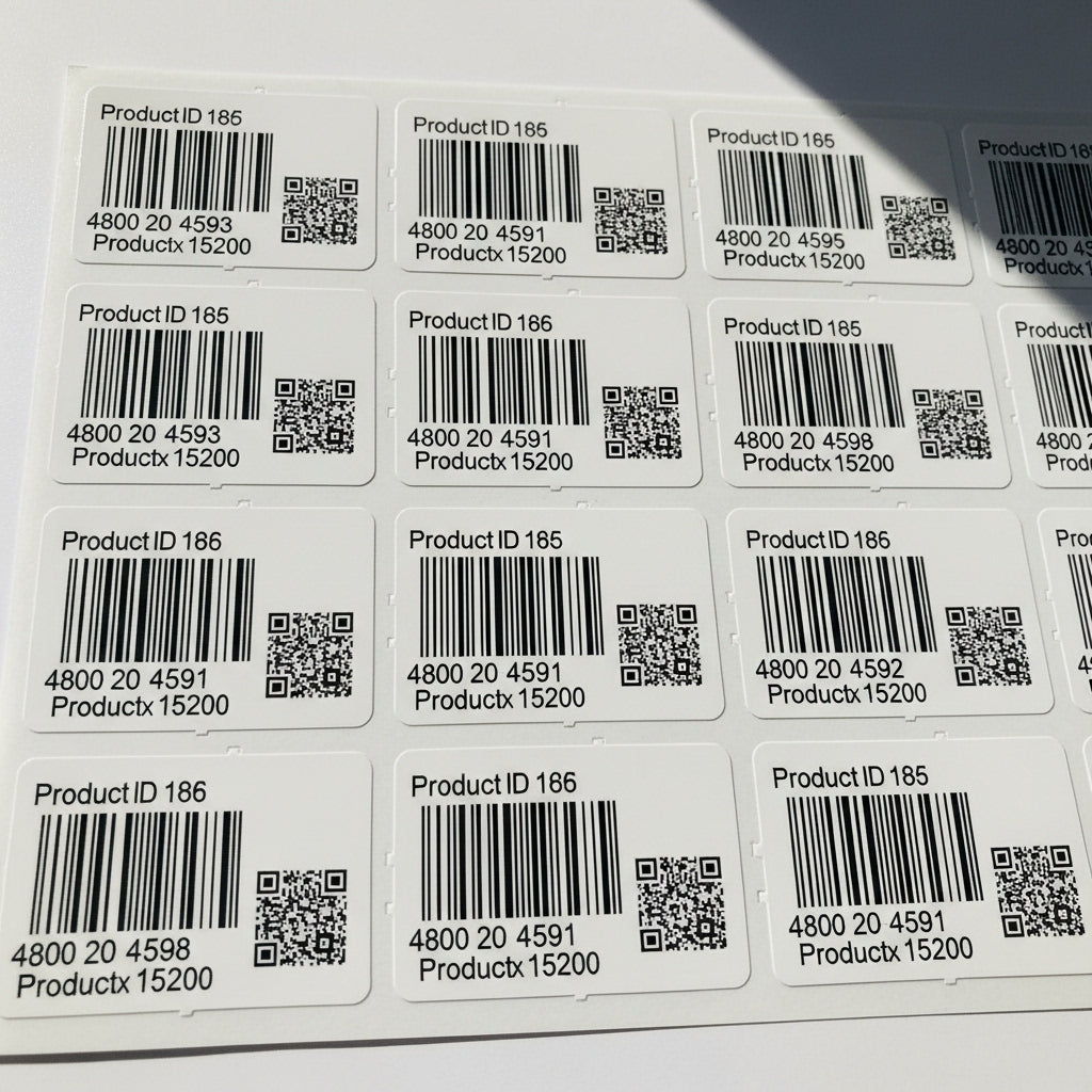 Multiple labels with barcodes and QR codes on a white background